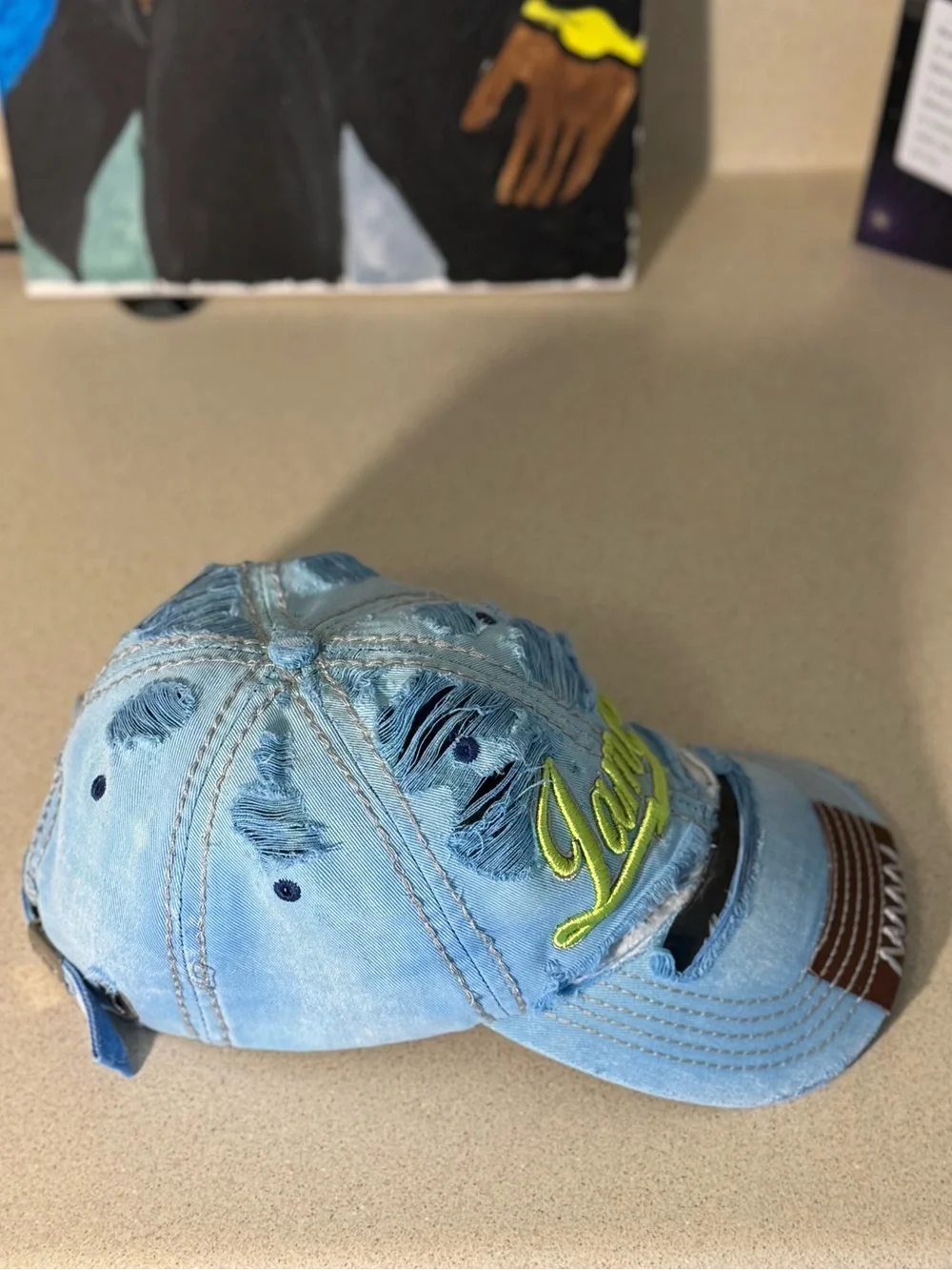 Light Blue Distressed Denim Baseball Cap with Yellow Jamaica Script | Unisex
